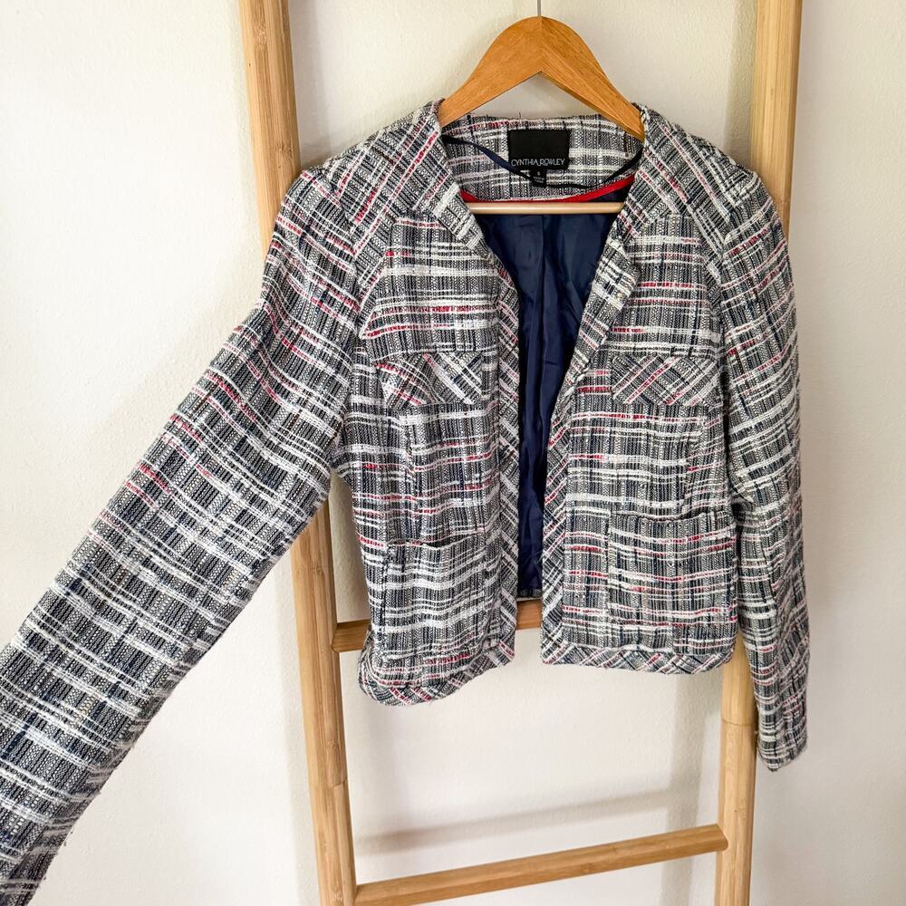 Cynthia Rowley Tweed Cropped Blazer Jacket Plaid Red Blue Womens Size Small - Picture 3 of 5